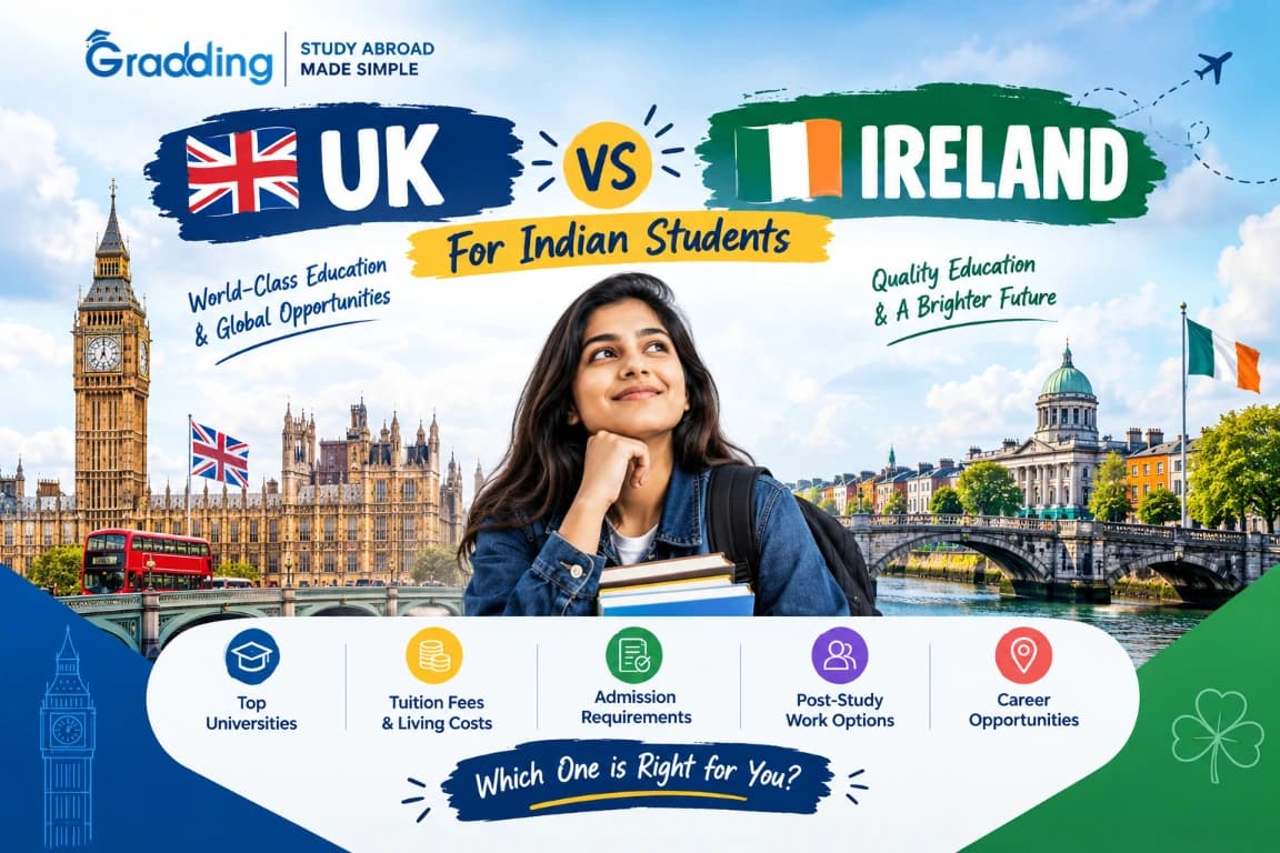 Know all about UK vs Ireland for Indian Students 2027 with Gradding.com