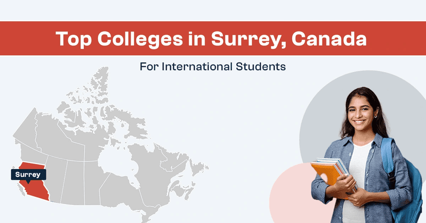 Top Colleges in Surrey, Canada for International Students Smiling international student holding books beside a map of Canada highlighting Surrey, showing top colleges in Surrey for international students.